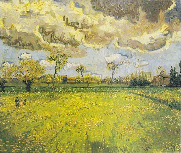 Vincent Van Gogh Meadow with flowers under a stormy sky oil painting picture